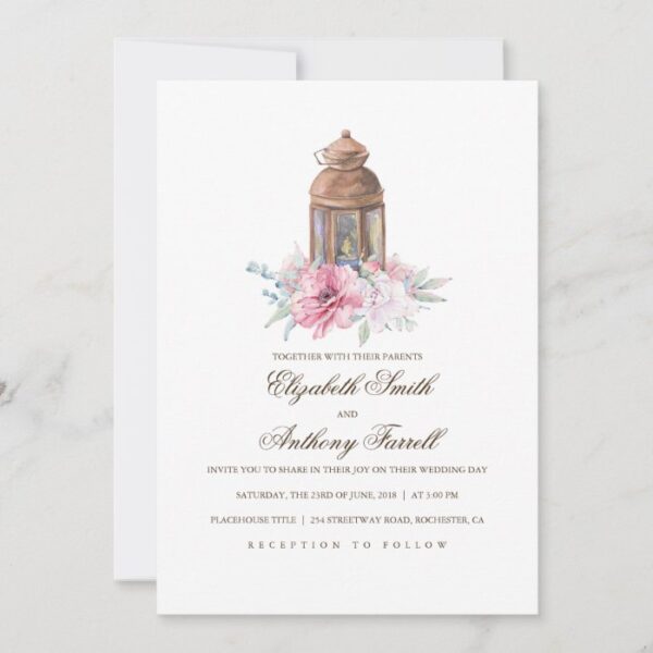 Candle Lit Lantern - Floral Watercolor Wedding Invitation