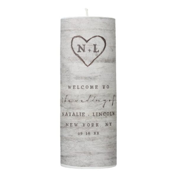 Carved Sweethearts Rustic Birch Wedding Monogram Pillar Candle