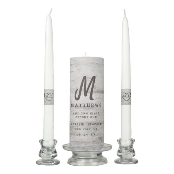Carved Sweethearts Rustic Birch Wedding Monogram Unity Candle Set