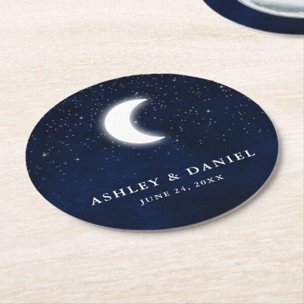 Celestial Wedding Blue Sky Moon Stars Round Paper Coaster