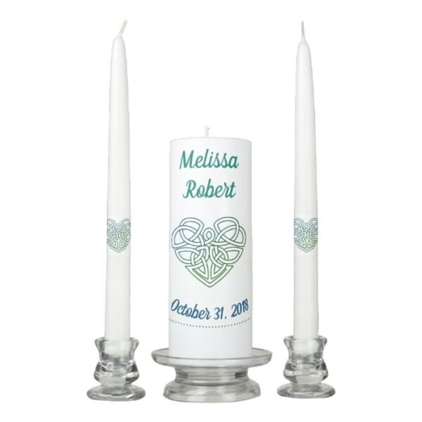 Celtic Knot Heart Green Blue Unity Candle Set