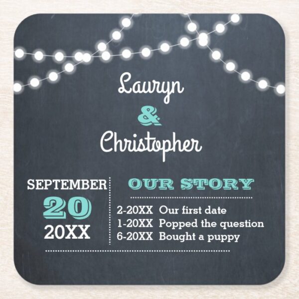 Chalkboard Lights Teal Personalized Wedding Square Paper Coaster