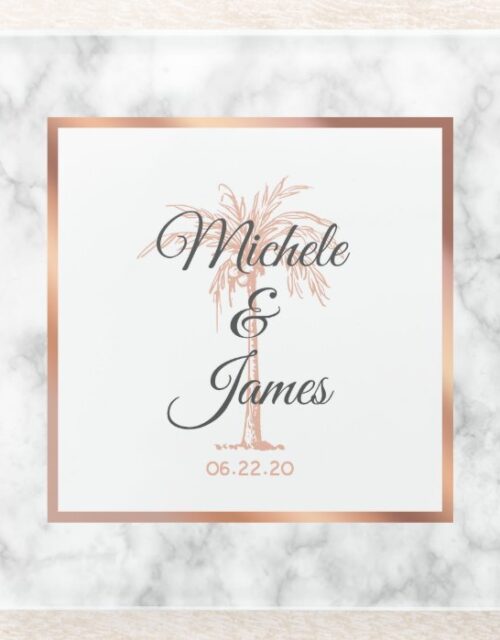 Charcoal Gray Rose Gold Palm Tree Marble Wedding Glass Coaster
