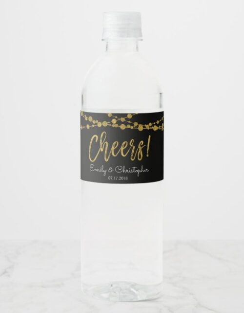 Cheers Black and Gold Foil String Lights Water Bottle Label