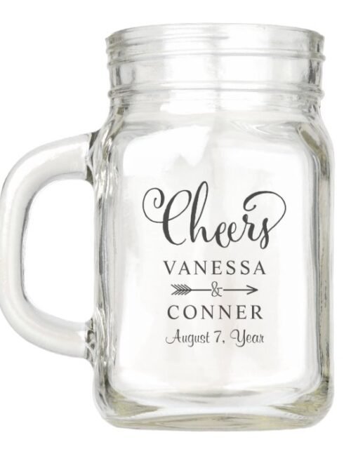 Cheers Black Script Boho Wedding Monogram Mason Jar