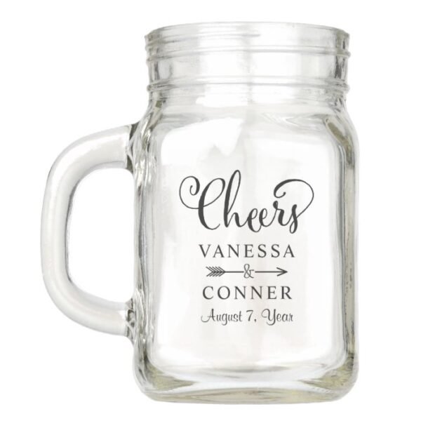 Cheers Black Script Boho Wedding Monogram Mason Jar