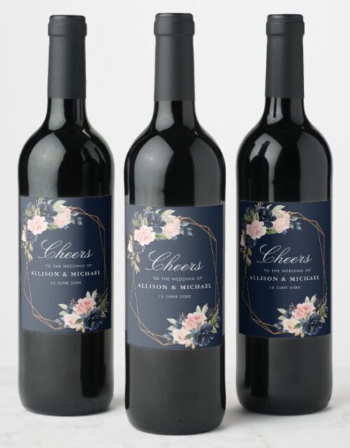 CHEERS | navy and blush floral wedding Wine Label