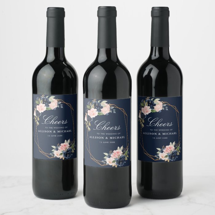 CHEERS | navy and blush floral wedding Wine Label