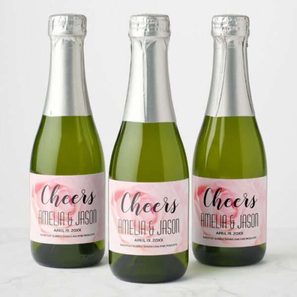 Cheers on Pale Pink Blooming Rose Wedding Mini Champagne Label