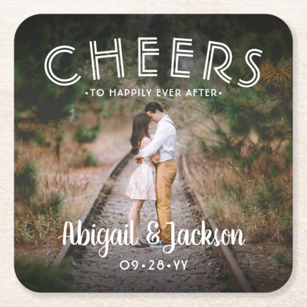 Cheers Simple Photo Modern Picture Wedding Favors Square Paper Coaster