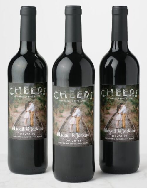 Cheers Simple Photo Wedding Reception Drink Idea Wine Label