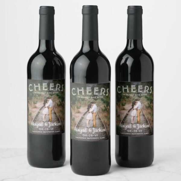 Cheers Simple Photo Wedding Reception Drink Idea Wine Label