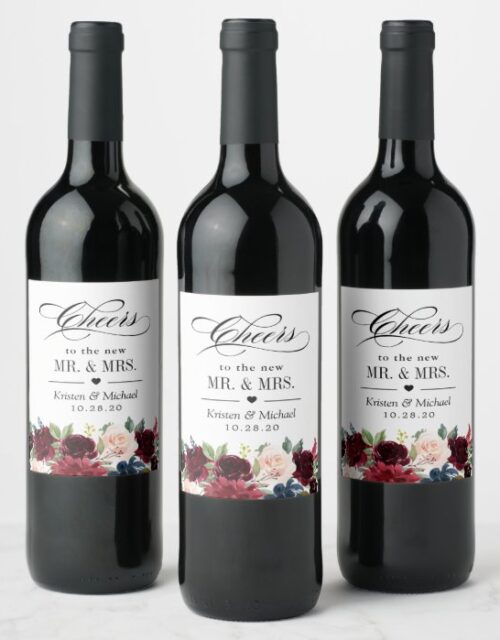 Cheers To the Wedding Burgundy Blush Blue Floral Wine Label