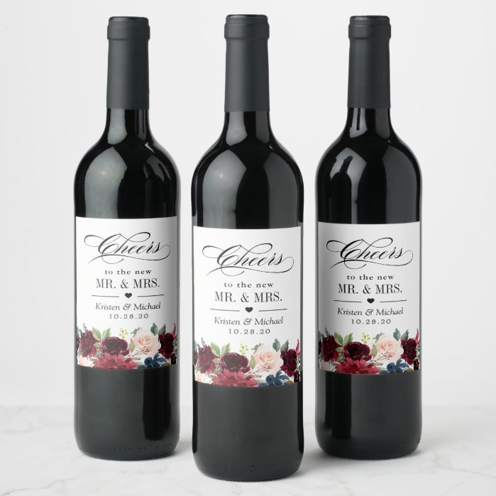 Cheers To the Wedding Burgundy Blush Blue Floral Wine Label