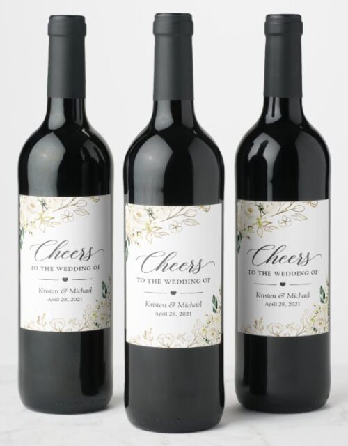 Cheers To The Wedding Elegant White Rose Floral Wine Label