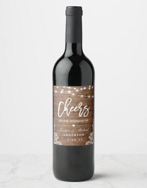 Cheers To The Wedding Rustic Wood String Lights Wine Label