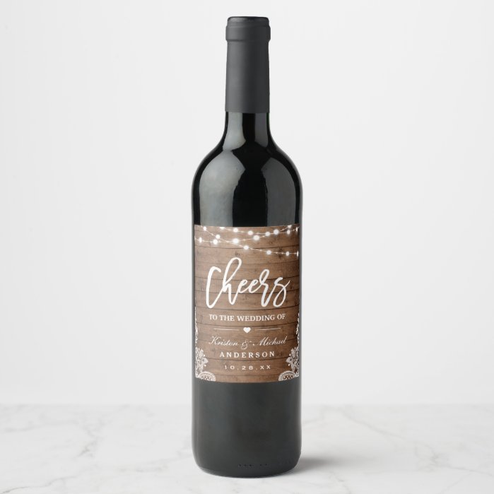 Cheers To The Wedding Rustic Wood String Lights Wine Label