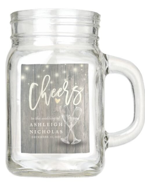 Cheers To Wedding Champagne Glasses Wood Lights Mason Jar