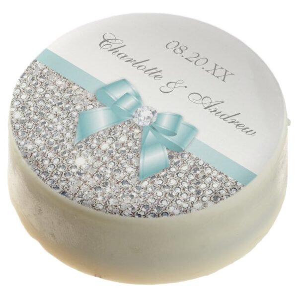 Chic Faux Silver Sequins Teal Bow Wedding Chocolate Covered Oreo