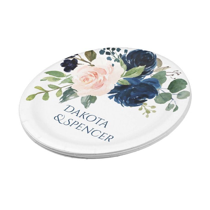 Chic Floral | Romantic Blush Navy Garland Bouquet Paper Plate