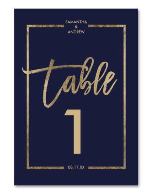 Chic gold frame script navy blue table number