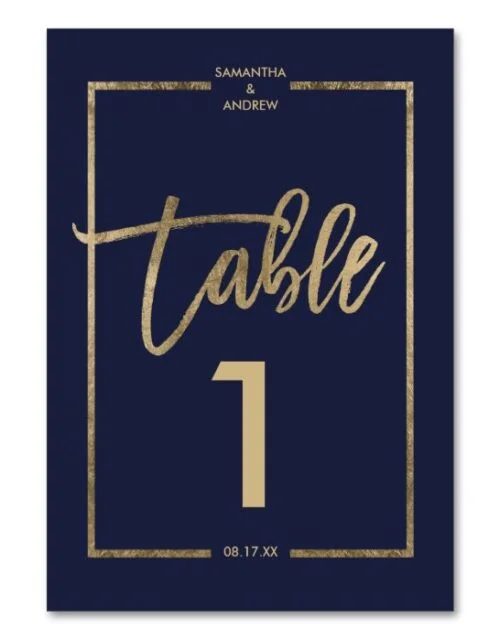 Chic gold frame script navy blue table number