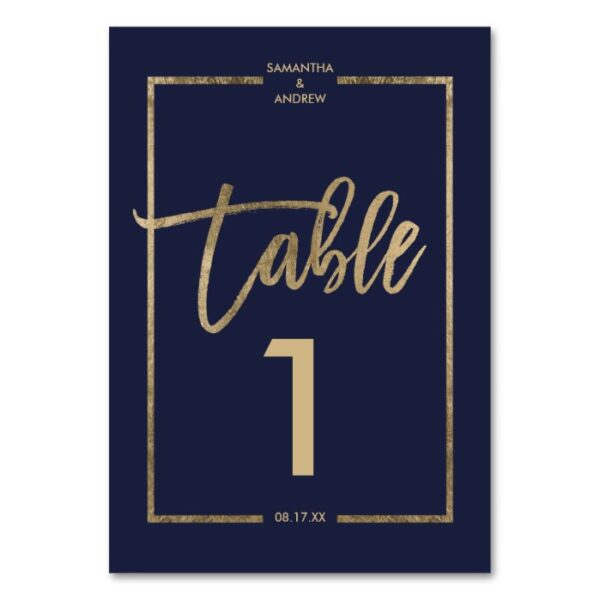 Chic gold frame script navy blue table number