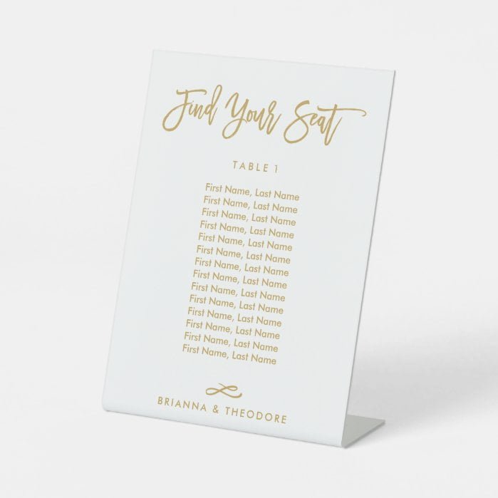 Chic Hand Lettered Individual Seating Chart Gold Pedestal Sign