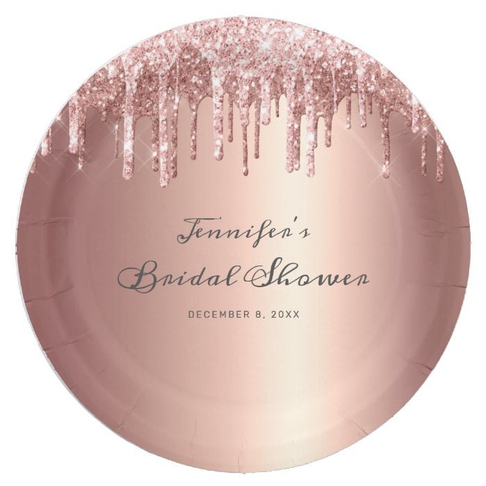 Chic Rose Gold Glitter Drips Script Bridal Shower Paper Plate