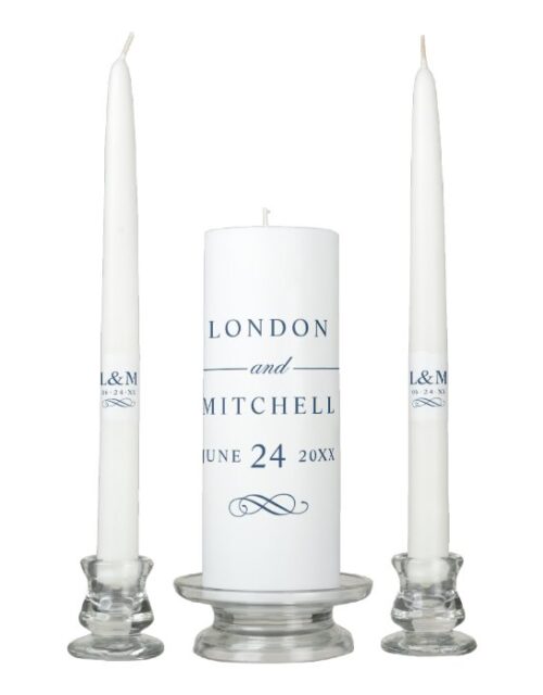 Classic Elegant Navy Blue Wedding Monogram Unity Candle Set