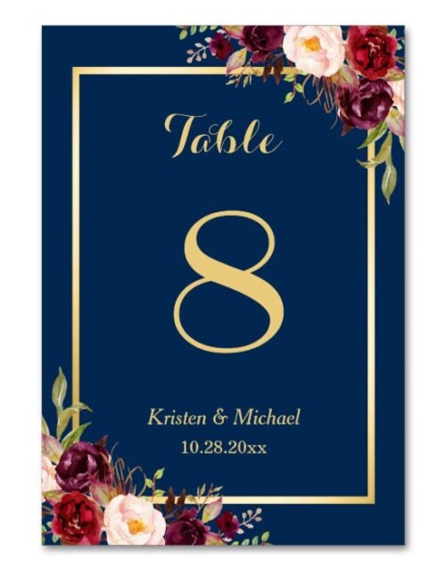 Classy Burgundy Floral Gold Navy Blue Table Number