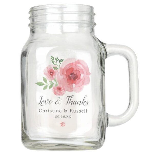 Classy Pink Watercolor Wedding Love Thanks Favor Mason Jar