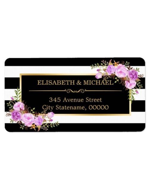 Classy Purple Floral Gold Black White Stripes Label