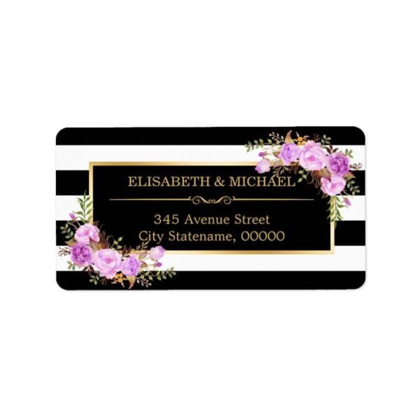 Classy Purple Floral Gold Black White Stripes Label