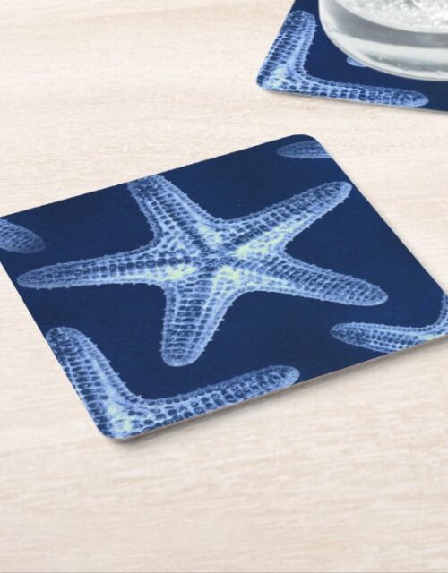 coastal chic beach rustic nautical blue starfish square paper coaster