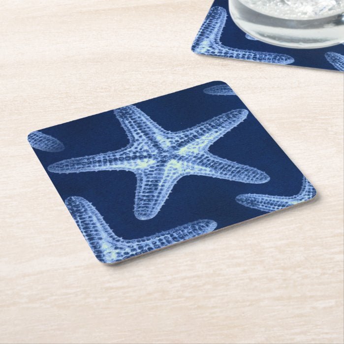 coastal chic beach rustic nautical blue starfish square paper coaster