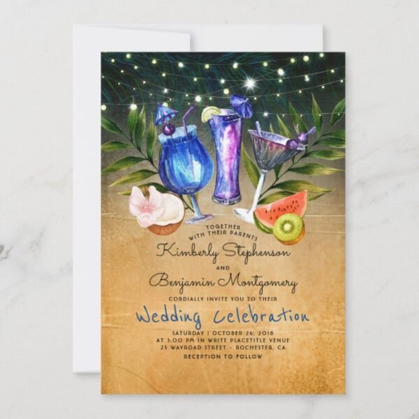 Cocktails Tropical Beach Lights Wedding Invitation