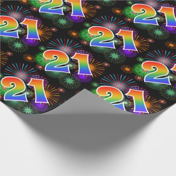 Colorful Fireworks + Rainbow Pattern "21" Event # Wrapping Paper