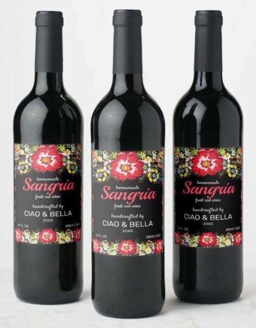 Colorful Floral Folk Art Sangria Wedding Wine Label