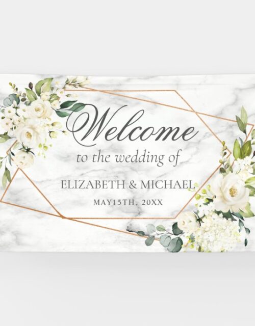 Copper Geometric White Floral Marble Wedding Banner