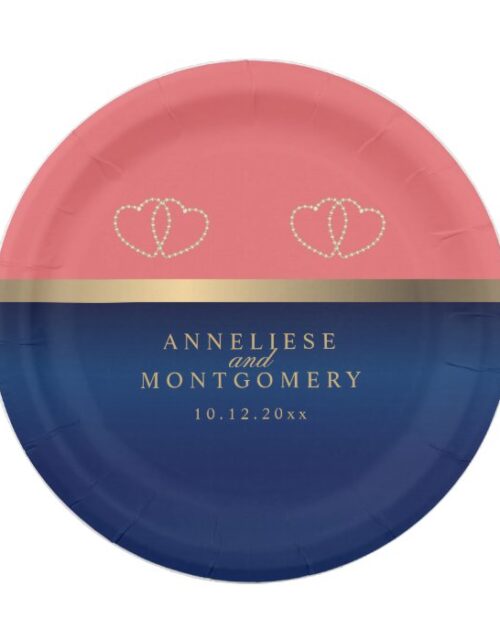 Coral and Navy Blue with Gold Hearts Paper Plate