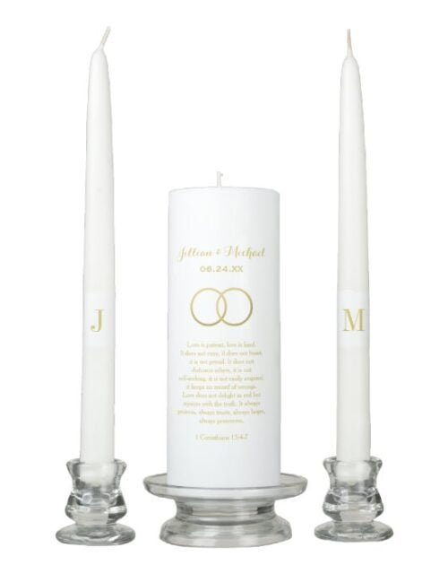 Corinthians Bible Verse in Gold Wedding Monogram Unity Candle Set