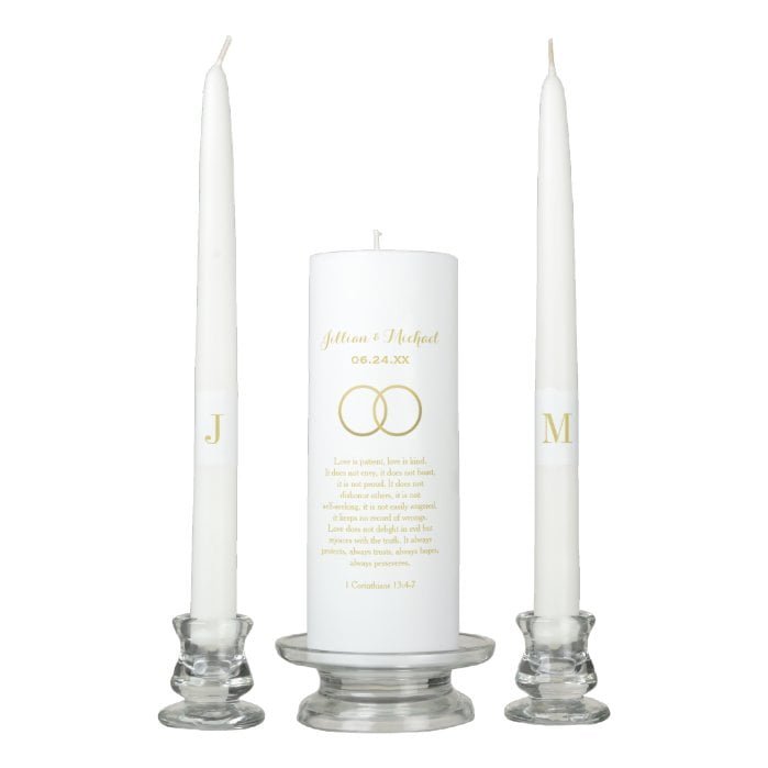 Corinthians Bible Verse in Gold Wedding Monogram Unity Candle Set