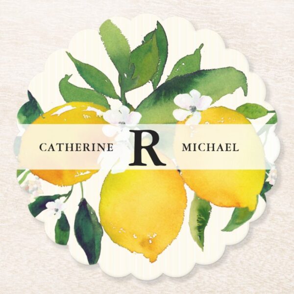 Country Lemon and Flowers Personalized Paper Coaster
