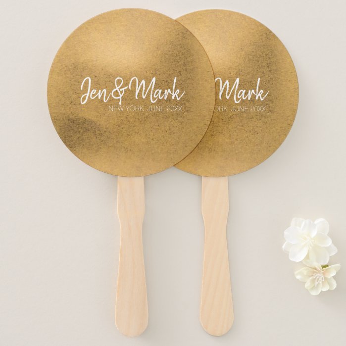 Couple Names, State, Wedding Date on Faux Gold Hand Fan