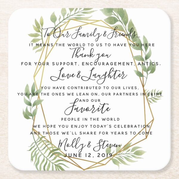 crystal wedding greenery party/wedding Thank you Square Paper Coaster