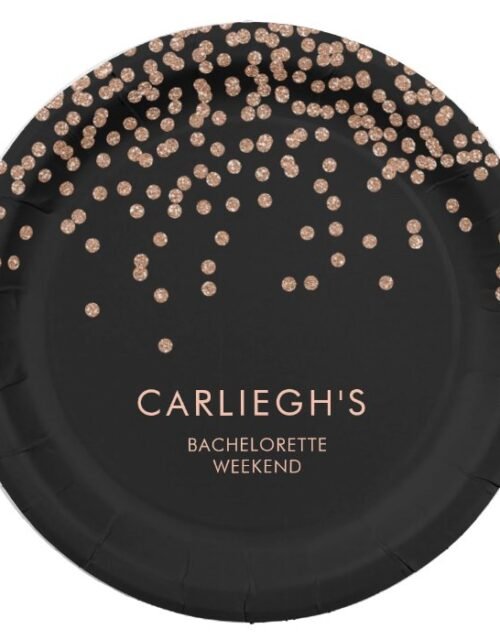 Custom Black and Rose Gold Confetti Bachelorette Paper Plate