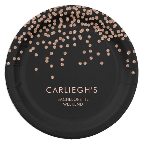 Custom Black and Rose Gold Confetti Bachelorette Paper Plate
