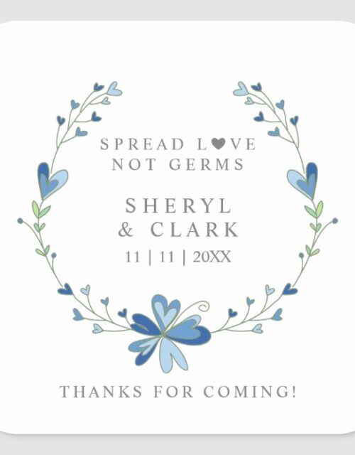 Custom Blue Floral Wreath Wedding Sanitizer Gel Square Sticker