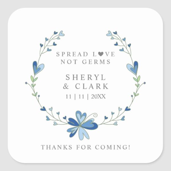 Custom Blue Floral Wreath Wedding Sanitizer Gel Square Sticker